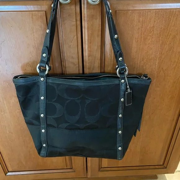 Coach Black Signature Tote with Studded Straps - Picture 1 of 7